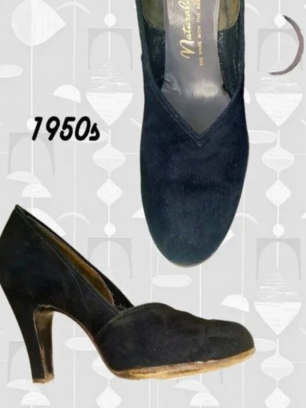 50s Vintage Black Baby Doll Pumps Heels Shoes, Sweetheart Vamp, Suede